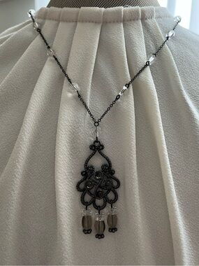 Nine West Black Filigree Pendant Necklace with Clear Beads